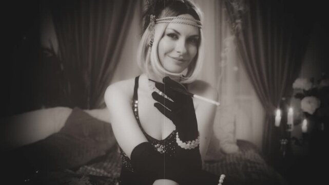 nostalgia black and white film portrait happy smiling face Retro lady smoker hand holding cigarette holder smoking, Beauty woman old style 1920s. sexy Girl blonde hair evening dress. Art vintage video