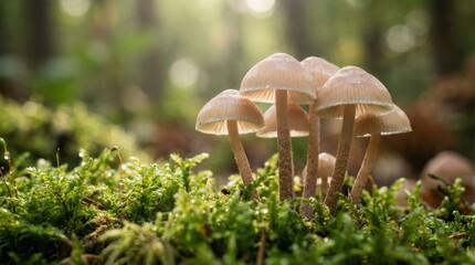 Ethereal Fungi Cluster on Forest Moss Illuminated by Sun