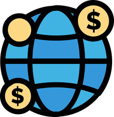 Digital currency exchange and global business finance concept, world map sphere with dollar icons, minimal flat design