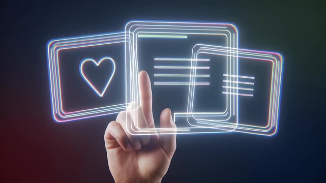 A human finger interacting with glowing digital interface screens displaying a heart and text elements.