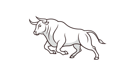 Fototapeta premium Powerful white bull with sharp horns charging forward with great strength and determination on a white background.