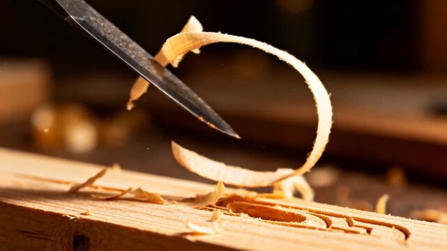 Pressing metal chisel into carved groove, pulling thin curled shaving from wood plank on bench