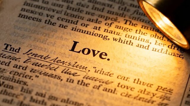 Casting light, brass lamp and camera focusing on heading Love at study desk showing marginalia