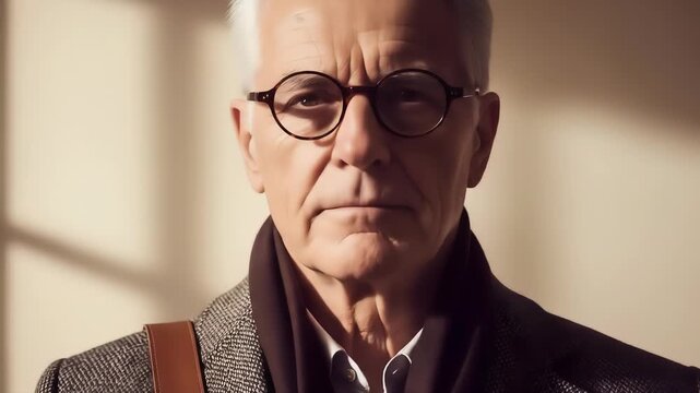 An elegantly dressed senior gentleman with distinguished gray hair and glasses, confidently looking forward. Soft shadows create atmosphere.