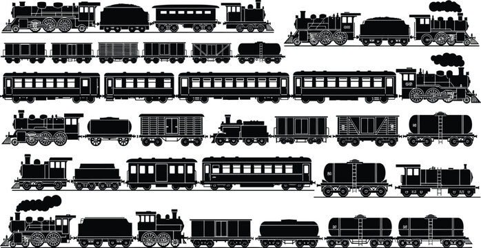 Vintage train silhouette illustration featuring steam engines, passenger cars, boxcars, tankers, and flatbeds, historical railway vehicles collection, industrial design technical vector artwork