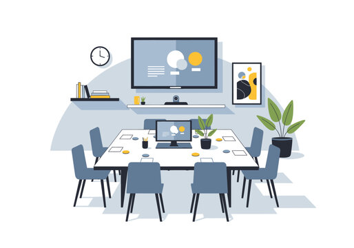 Modern meeting room setup with a large screen table and chairs