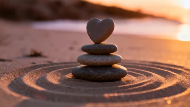 Shifting sun at sunset casting warm glow over four stacked stones at beach, showing raked sand
