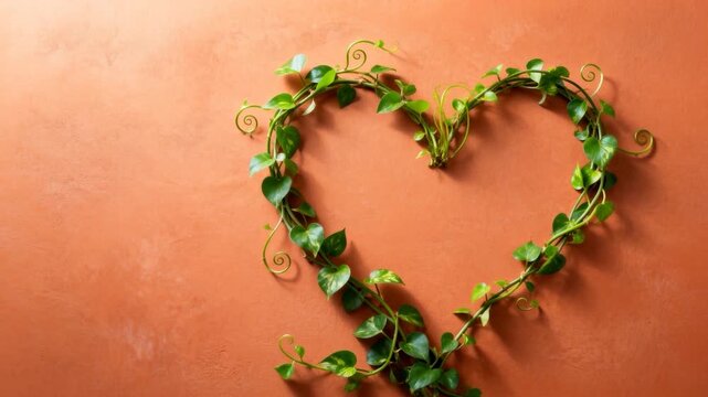 Camera pushing, decorative heart vine enlarging, brightening on terracotta wall, showing metalwork