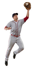 Professional baseball player jumping high to catch a ball in mid air on isolated background