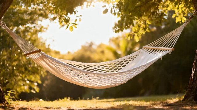 Swaying hammock with spreader bars and ropes between trees in sunlit grass, driven by breeze
