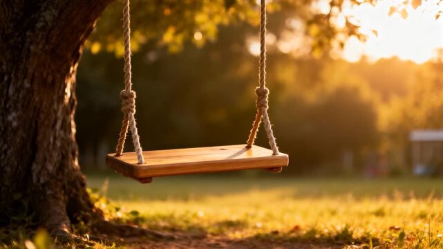 Nudging wooden plank swing, knotted ropes flexing as mild breeze causing gentle bob in garden