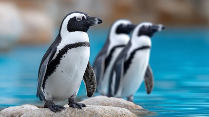 Obraz premium Three penguins are standing on a rock in front of a body of water. The penguins are black and white, and they appear to be enjoying the view of the water