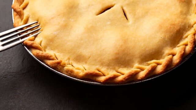 Crimping braided crust, fork entering left pressing rim in metal pie tin in kitchen sealing filling
