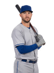 Professional baseball athlete gripping bat ready for action on isolated background
