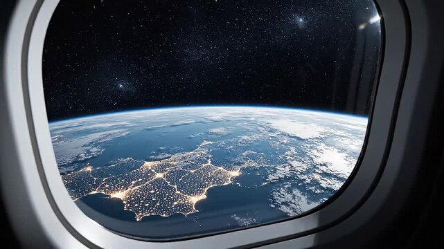 Earth viewed through spacecraft window showing blue oceans, city lights, curvature, space, and stars
