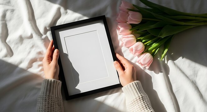 Woman holding empty black photo frame for mockup on white bed with pink tulips. Spring holiday celebration and home decor concept for greeting card.