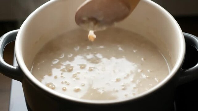 Stirring creamy oatmeal porridge in cooking pot close up