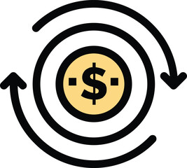 Cash circulation and transaction cycle represented by looping arrows and currency symbol