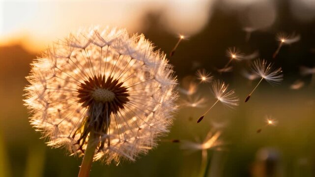 Releasing dandelion head sending seeds right in field as breeze aiding dispersal, heart bokeh