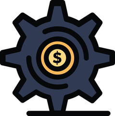 A modern finance settings icon showing a dark mechanical gear with a glowing dollar symbol at the center, flat vector style