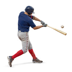 Baseball athlete captured striking ball in dynamic batting form on isolated transparent background