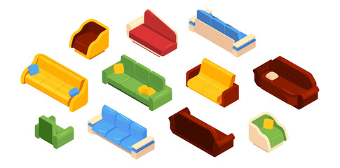 Sofas and chairs designs set. Vector isometric two and three seat couches and armchairs. Isolated furniture variety. Interior design, living room decor and comfort. Home and office elements