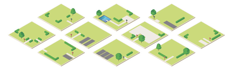 Private land plots with lawns, trees and bushes, paths and mailboxes. Vector isometric residential planning, development and suburban infrastructure. Real estate and digital infographics
