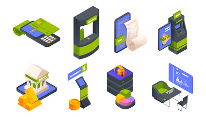 Banking infrastructure set. Vector ATM, cash register and terminal, phone and bank building with gold bars. Financial operations and digital money management. Customer transactions and workflow