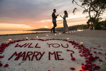 Romantic Beach Proposal: Couple, 'Will You Marry Me?' Message, Sunset