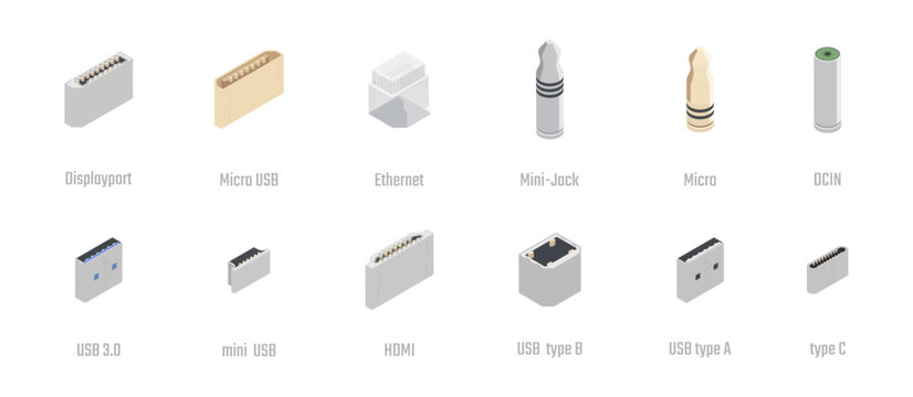 Different device port outputs set. Vector Display port and various type of USB, micro and mini, Ethernet and minijack, DCIN and HDMI. Hardware for data transfer, charging and device connection