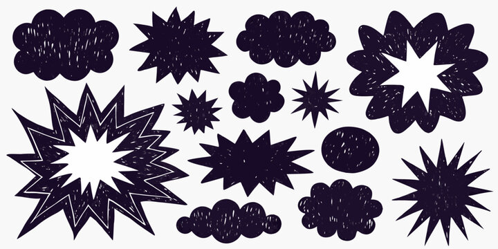 Collection of hand drawn black starbursts and cloud like shapes on a white background