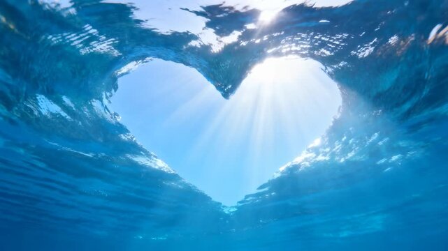 Sunlight brightening, heart-shaped opening sending sunbeams below surface, ripples reshaping rim