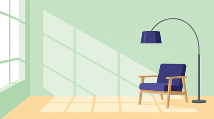 Modern minimalist living room interior with armchair, floor lamp, and window light