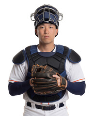 Portrait of an Asian baseball catcher holding a leather glove with both hands