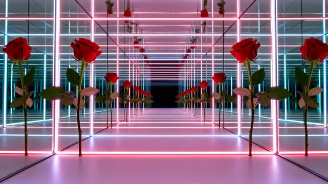 Opening camera moving forward through mirrored neon grid, showing mirrored rows of red roses