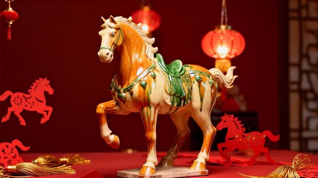 Pulling back camera revealing centered horse figurine on red cloth, showing festive background