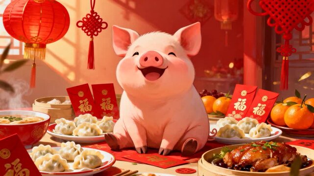 Smiling pink pig sitting on red envelope at home, sunlight steaming dumplings for Lunar New Year