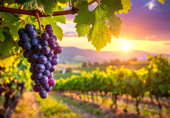 Fototapeta premium Violette Trauben hängen bei Sonnenuntergang an den Rebstöcken