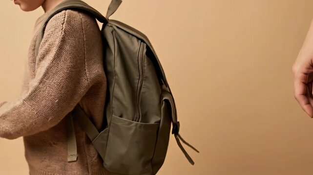 Parent holding child's hand with backpack on beige background. Concept of support, education, and back to school. Emotional moment of mother saying goodbye to her son before starting a new school day.