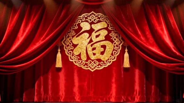 Lights brightening, red velvet curtains shifting and gold medallion glowing on stage before show