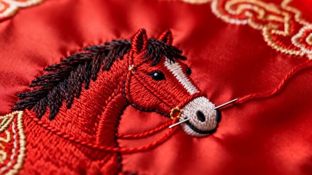 Pulling metal needle and red thread after insertion at embroidered horse muzzle, securing stitch