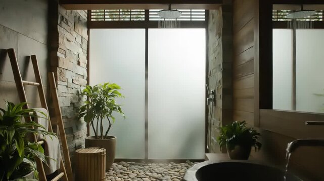 Interior view of a modern zen bathroom featuring a stone basin sink, a wooden ladder, and potted green plants. Frosted windows allow diffused light, creating a serene atmosphere.