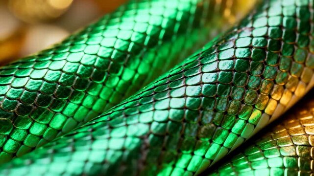 Shifting camera to reveal coiled snake body in studio showing shiny green gold scales, warm bokeh