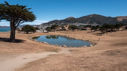 Fototapeta premium Tranquil landscape with a pond and distant hills under a clear blue sky