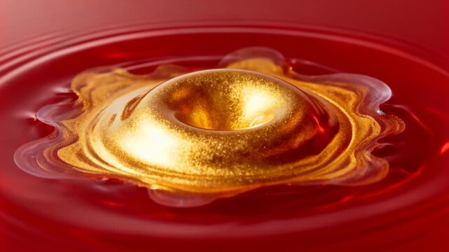 Falling golden droplet striking red liquid surface in macro rig, forming crown, stalk and torus