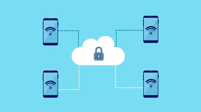 Flat vector illustration of a secure cloud with a lock icon connected to four smartphones, representing protected mobile cloud data network and device connectivity on a light blue background.
