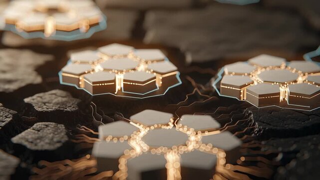 A futuristic hexagonal design emerging from rocky terrain, illuminated by glowing connections.