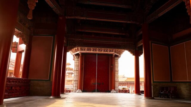 Pulling left leaf opening, red palace doors revealing inner hall, gold studs and lion knockers