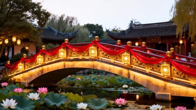 Reframing camera revealing arched bridge in evening to show lantern glow, red drapery, lotus