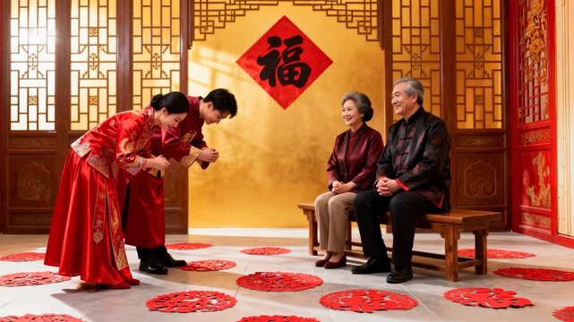 Starting bowing red-robed couple saluting elders in dark jackets on wooden bench at gold ? backdrop